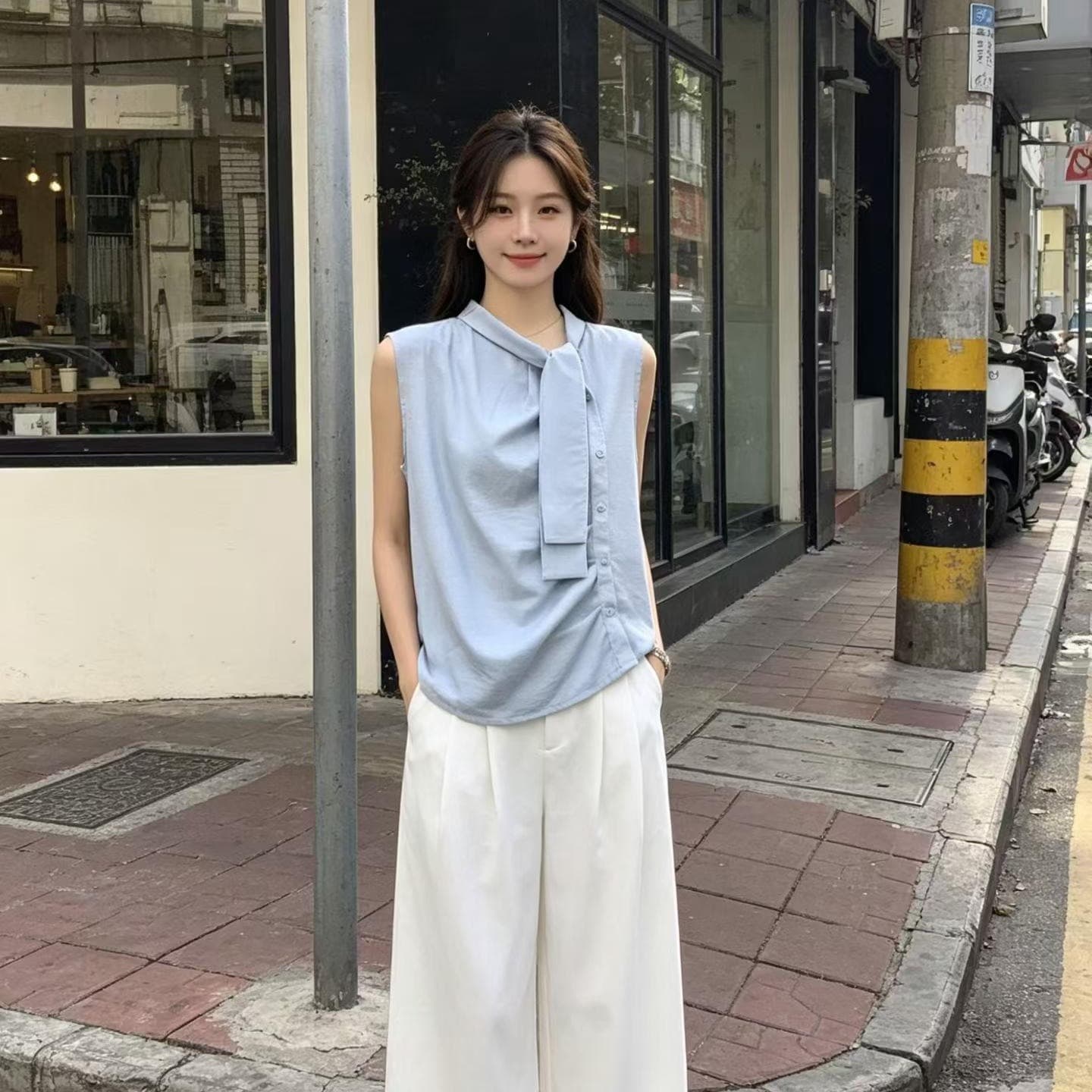 여름 켜기 새로운 한 부서 나비 넥타이 민소매 Chic 민소매 조끼 작은 셔츠 이미지 4