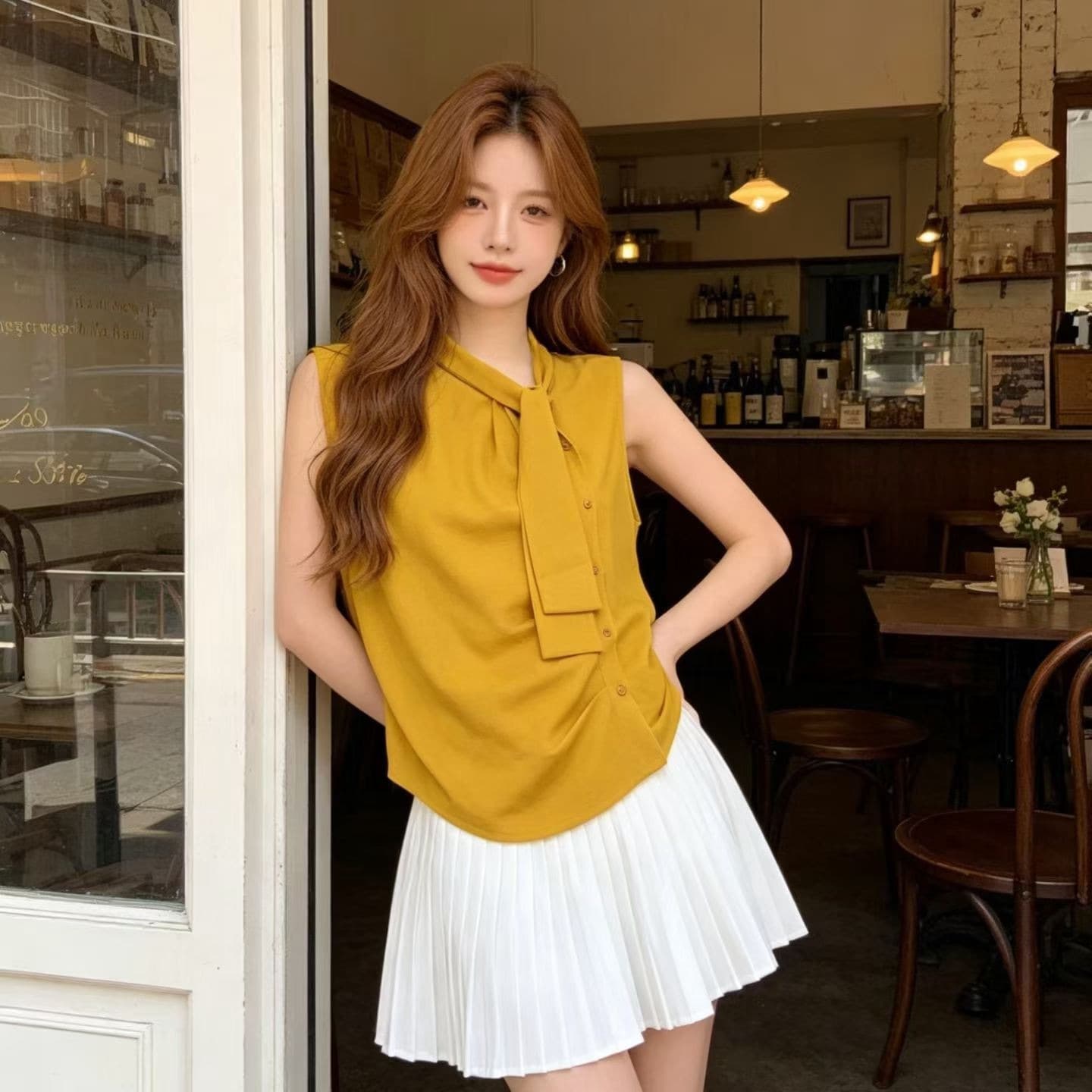 여름 켜기 새로운 한 부서 나비 넥타이 민소매 Chic 민소매 조끼 작은 셔츠 이미지 5