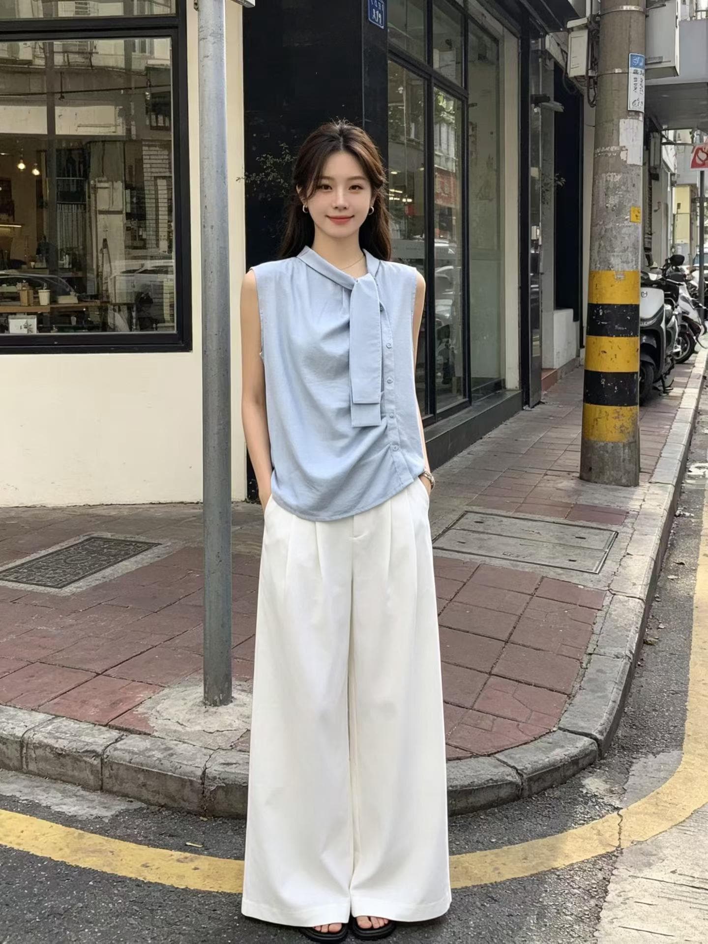 여름 켜기 새로운 한 부서 나비 넥타이 민소매 Chic 민소매 조끼 작은 셔츠 상세 이미지 1