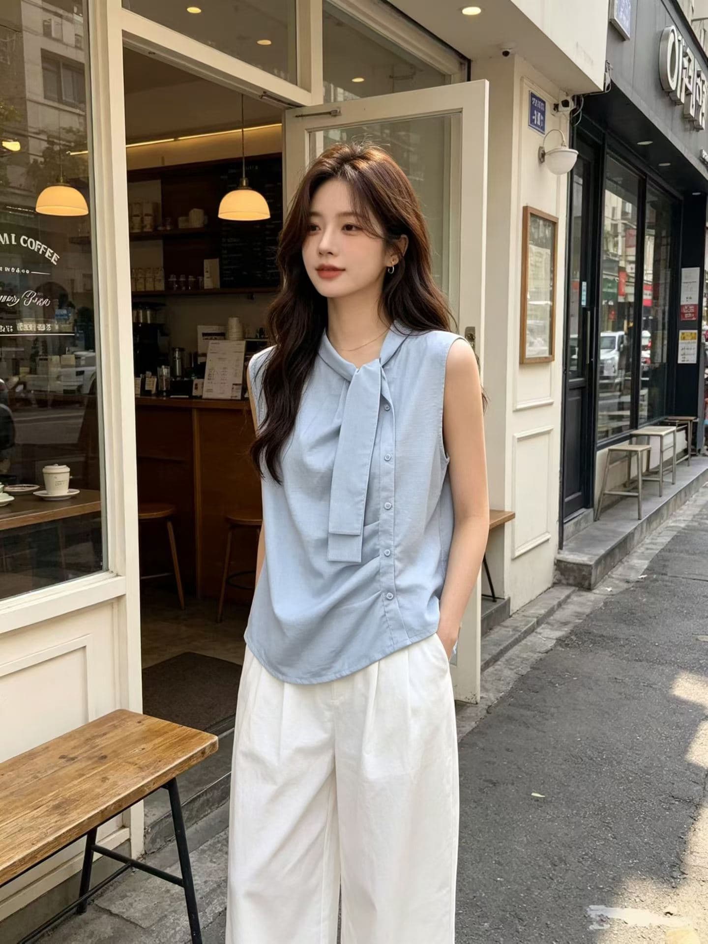 여름 켜기 새로운 한 부서 나비 넥타이 민소매 Chic 민소매 조끼 작은 셔츠 상세 이미지 3