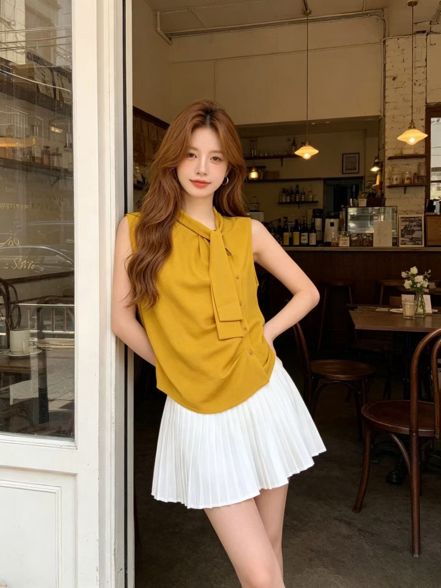 여름 켜기 새로운 한 부서 나비 넥타이 민소매 Chic 민소매 조끼 작은 셔츠 상세 이미지 6