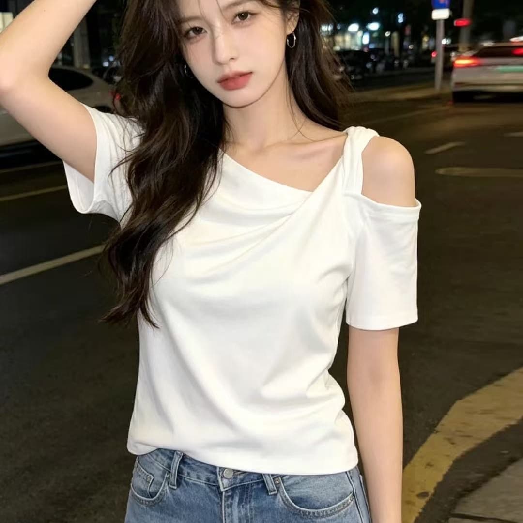 디자인 센스 비스듬한 칼라 비틀림 오프숄더 순면 반팔 티셔츠 여성 2026 여름 새로운 몸매 가꾸기 슬림해 보이는 품격 맨위 이미지 5