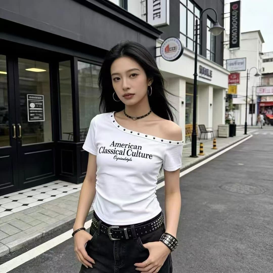 아메리칸 핫걸 오프숄더 징 반팔 티셔츠 여성 여름 몸매 가꾸기 주름 쇼트 스타일 이슬 뼈의 핫걸 맨위 상세 이미지 2