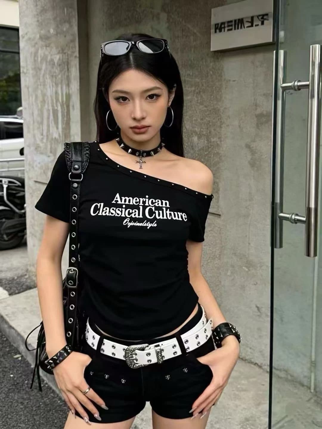 아메리칸 핫걸 오프숄더 징 반팔 티셔츠 여성 여름 몸매 가꾸기 주름 쇼트 스타일 이슬 뼈의 핫걸 맨위 상세 이미지 4