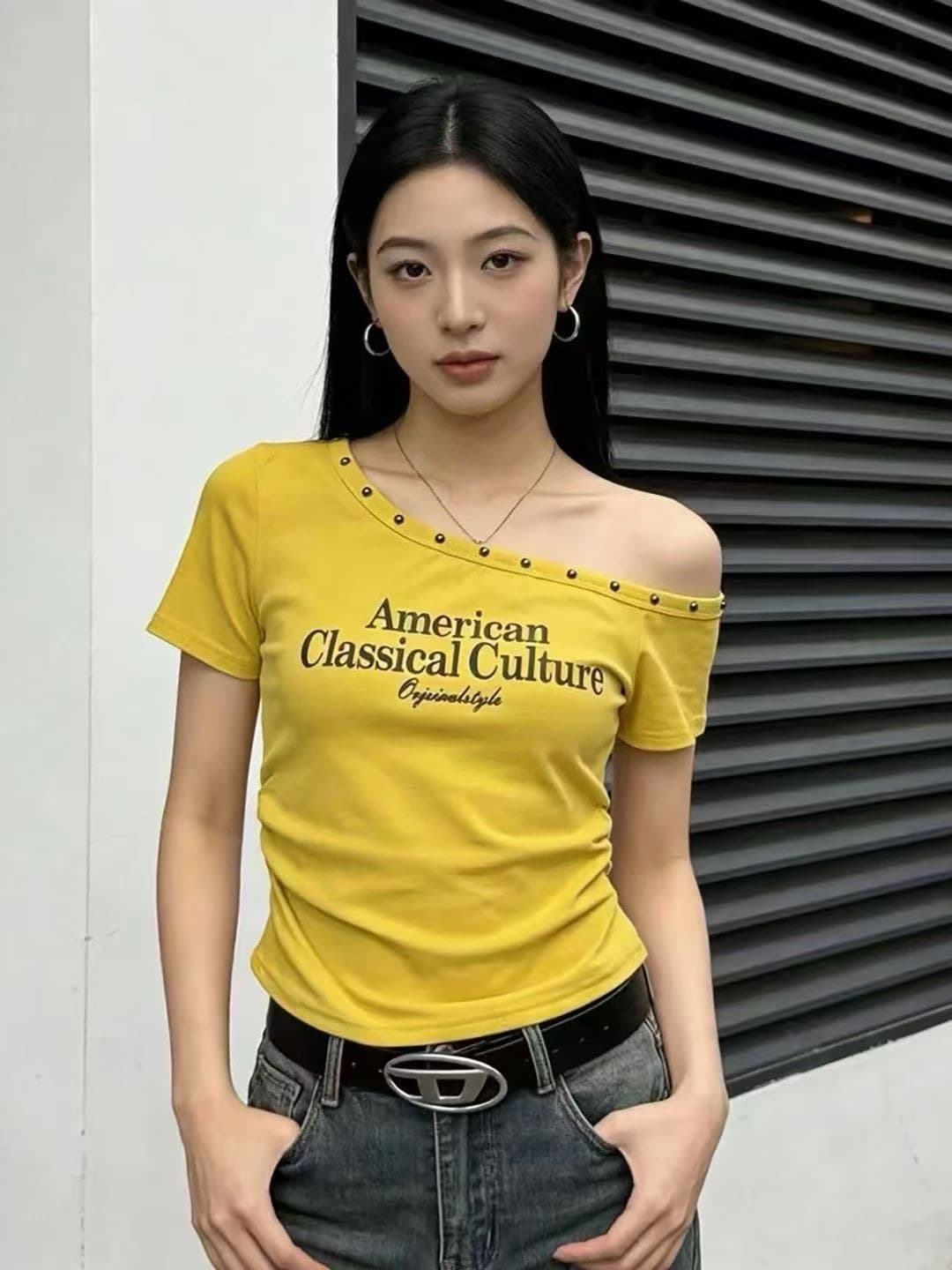 아메리칸 핫걸 오프숄더 징 반팔 티셔츠 여성 여름 몸매 가꾸기 주름 쇼트 스타일 이슬 뼈의 핫걸 맨위 상세 이미지 5