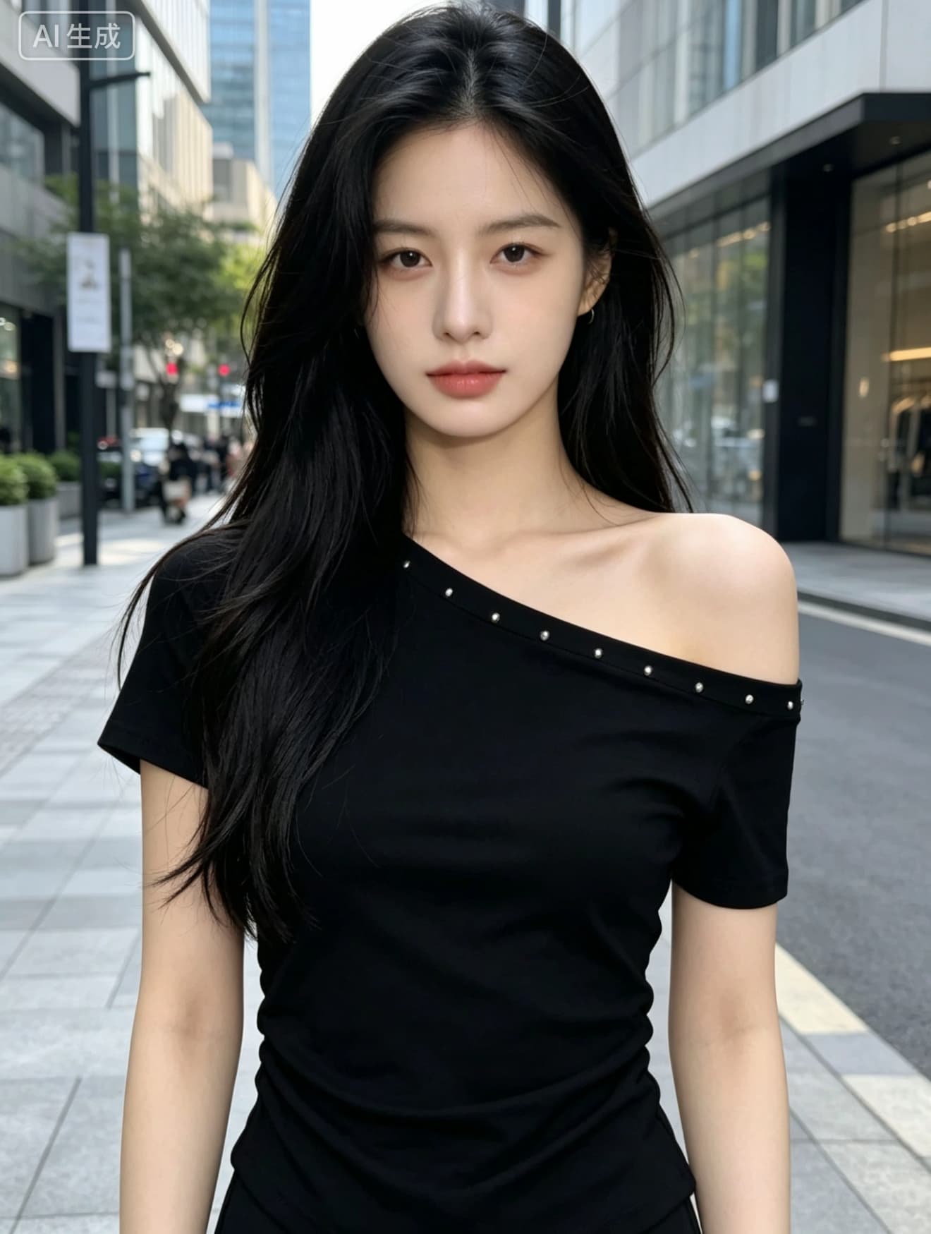 검정색 비스듬한 어깨 버드 나무 못 반팔 티셔츠 여성 여름 2026 새로운 디자인 센스 오프숄더 허리 수축 핫걸 맨위 상세 이미지 2
