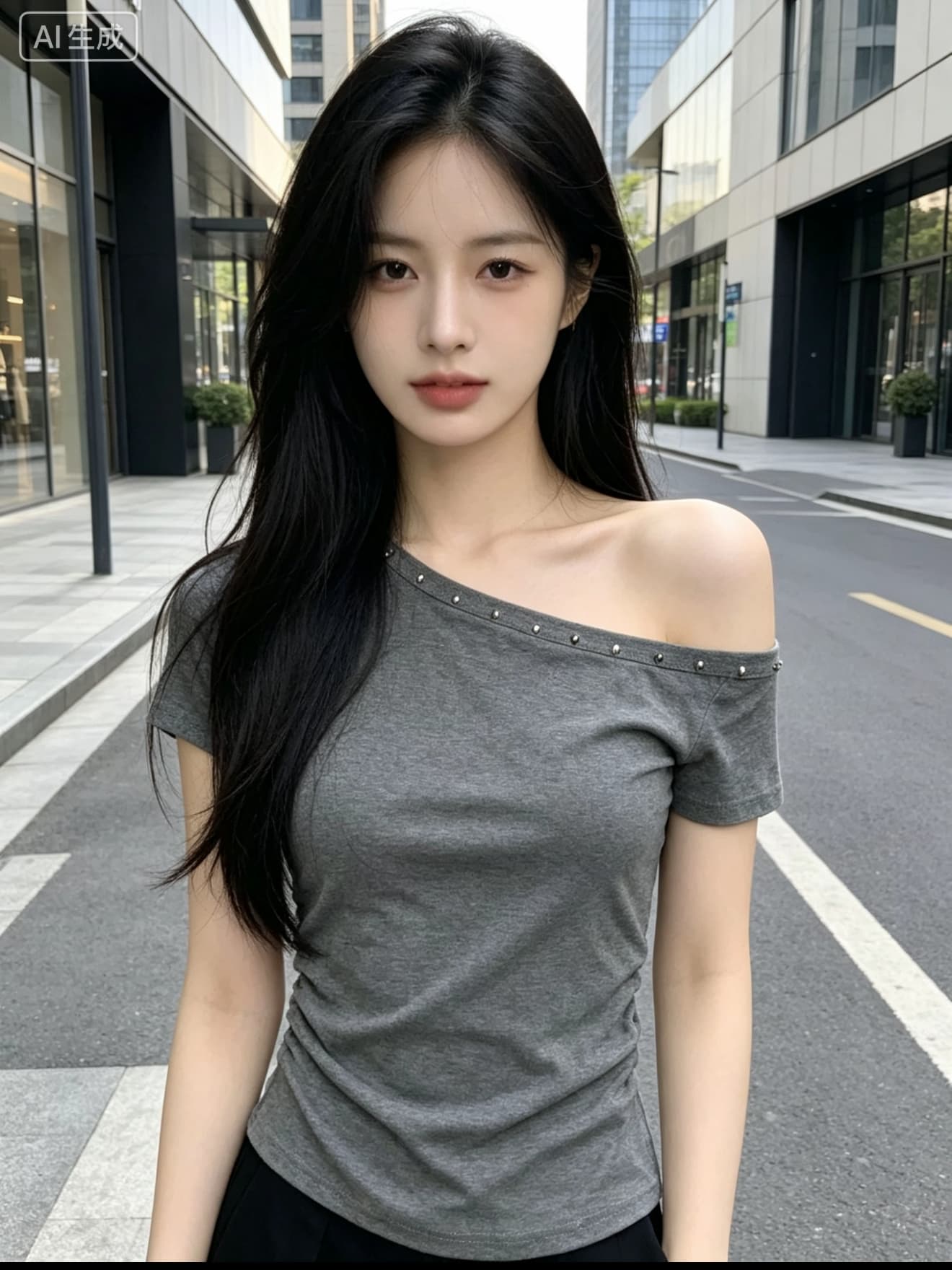 검정색 비스듬한 어깨 버드 나무 못 반팔 티셔츠 여성 여름 2026 새로운 디자인 센스 오프숄더 허리 수축 핫걸 맨위 상세 이미지 3