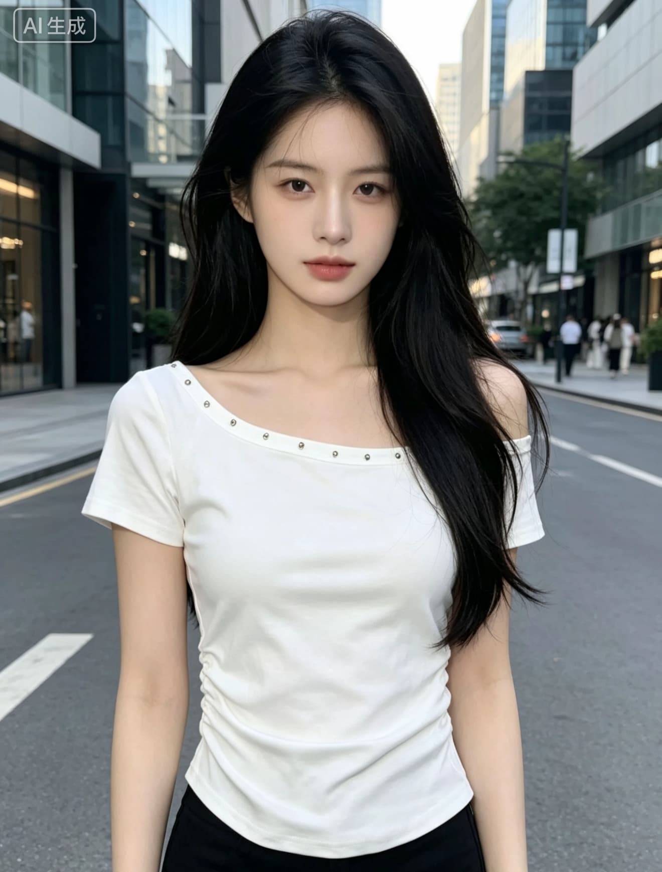 검정색 비스듬한 어깨 버드 나무 못 반팔 티셔츠 여성 여름 2026 새로운 디자인 센스 오프숄더 허리 수축 핫걸 맨위 상세 이미지 4