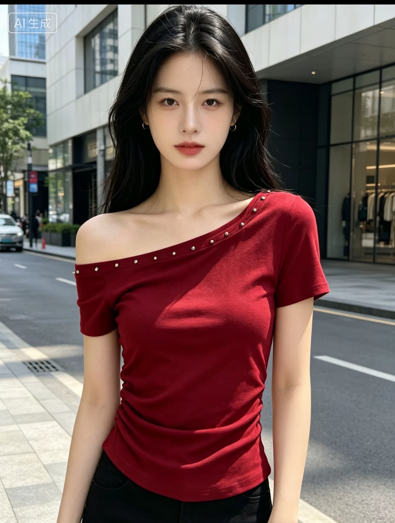 검정색 비스듬한 어깨 버드 나무 못 반팔 티셔츠 여성 여름 2026 새로운 디자인 센스 오프숄더 허리 수축 핫걸 맨위 상세 이미지 5