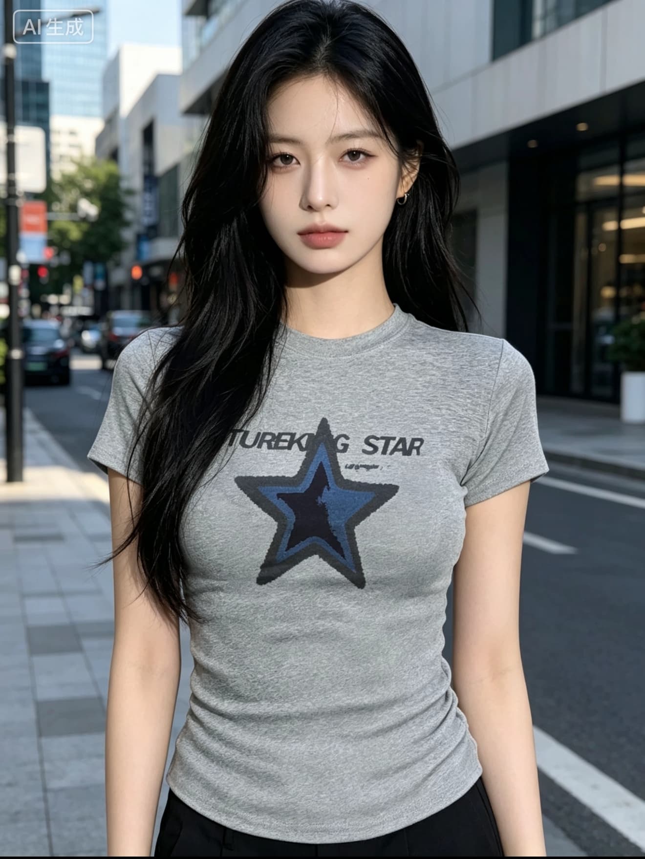 아메리칸 레트로 체크무늬 별 프린트 반팔 티셔츠 여성 2026 새로운 몸매 가꾸기 다용도 회색 긍정적 인 어깨 의류 ins 이미지 2