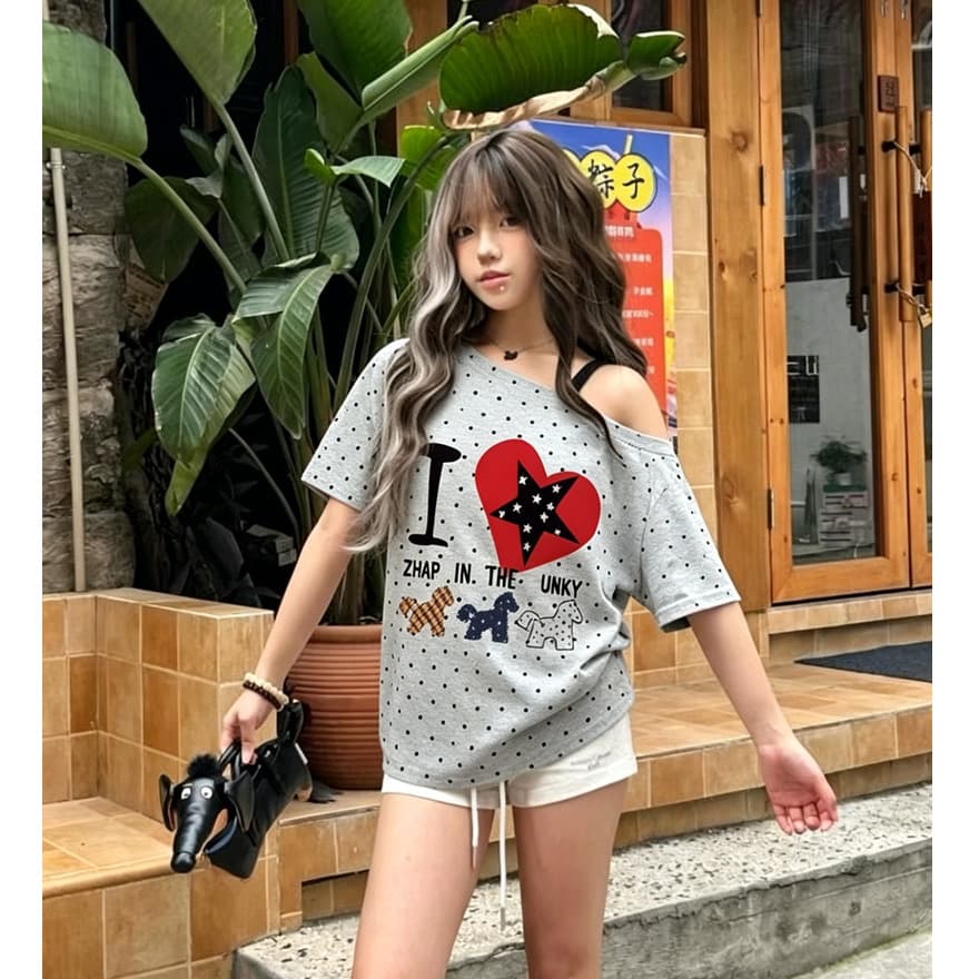 도파민 전체 인쇄 도트 무늬 반팔 티셔츠 여성 비스듬한 어깨 의류 아메리칸 알파벳 프린트 오프숄더 핫걸 거리 트렌디 ins 상세 이미지 6