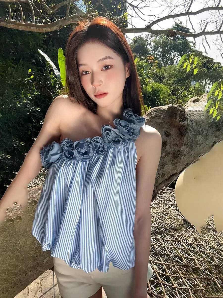 휴가 바람 프랑스식 꽃 스트라이프 캐미솔 봄 2026 새로운 리본 쇼트 스타일 오프숄더 꽃밭 맨위 상세 이미지 4