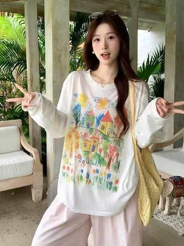 아메리칸 수채화 색상 자외선 차단 자외선 차단 블라우스 긴팔 티셔츠 여성 여름 새로운 캐주얼 다용도 맨위 트렌디 이미지 3