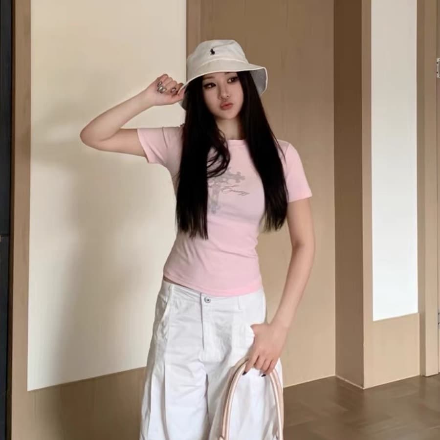 한 부서 프린트 라운드 넥 반팔 티셔츠 여성 봄 여름 핫걸 슬림해 보이는 품격 쇼트 스타일 풀오버 맨위 이미지 3