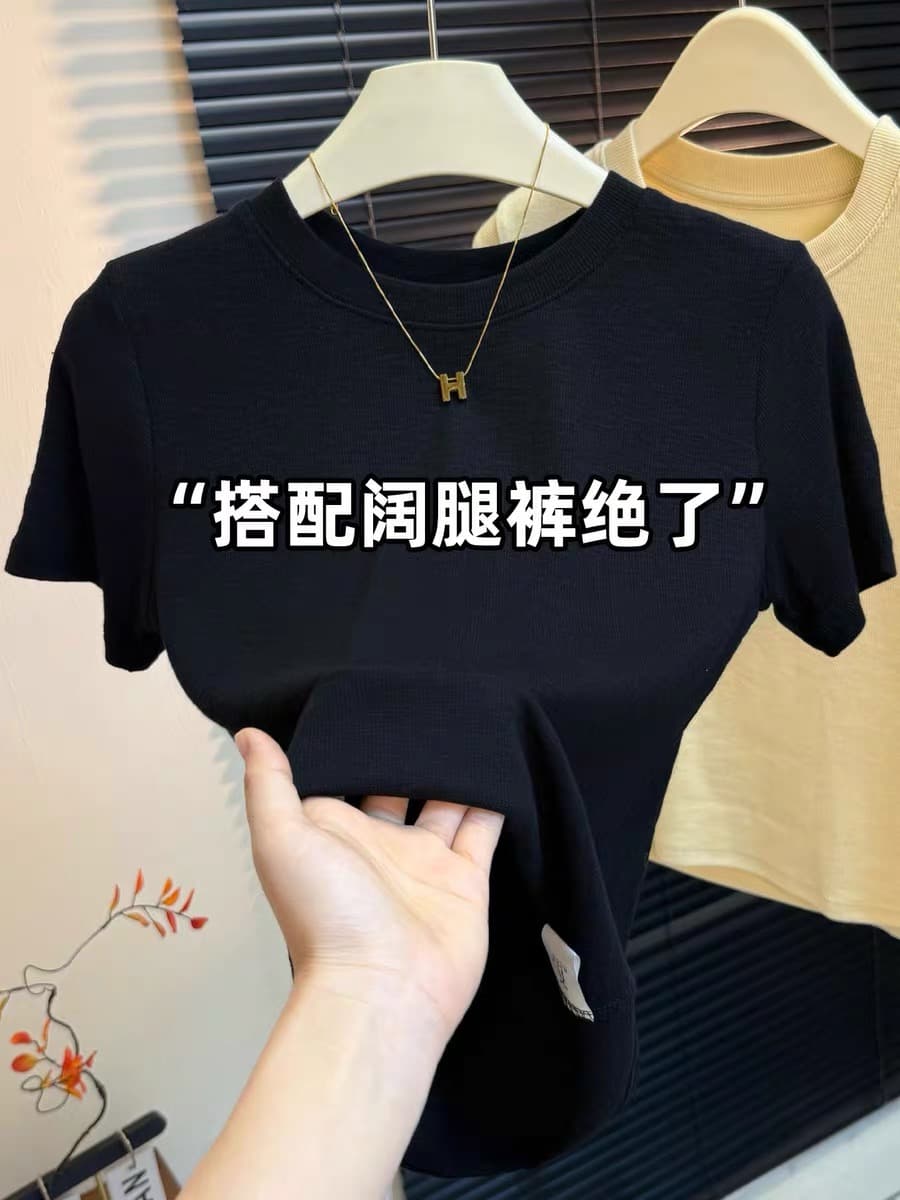 보라색 소스 품격 라운드 넥 리브 티셔츠 여성 여름 새로운 미니멀리즘 다용도 반팔 동정 패션 슬림해 보이는 맨위 이미지 4