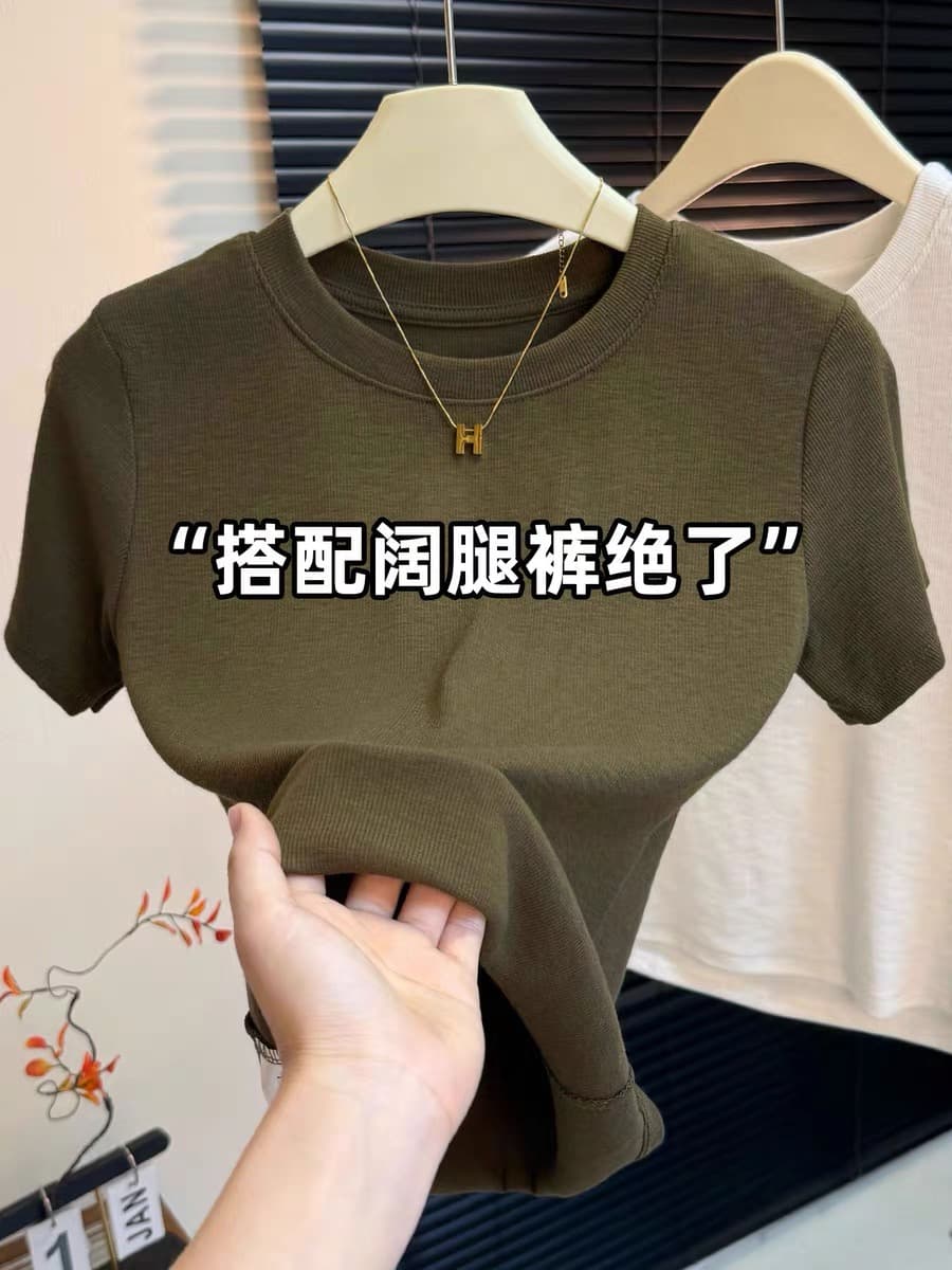 보라색 소스 품격 라운드 넥 리브 티셔츠 여성 여름 새로운 미니멀리즘 다용도 반팔 동정 패션 슬림해 보이는 맨위 상세 이미지 10