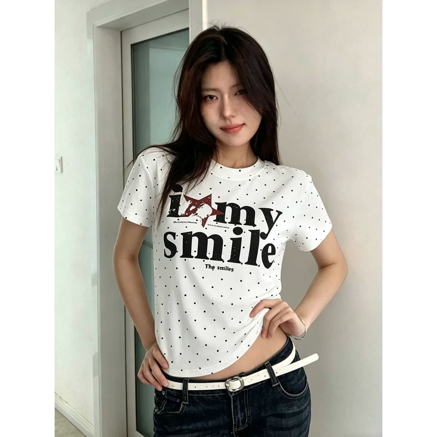 아메리칸 레트로 알파벳 프린트 도트 무늬 긍정적 인 어깨 반팔 티셔츠 여성 여름 착용 가져 가라. 몸매 가꾸기 슬림해 보이는 핫걸 짧은 맨위 상세 이미지 5