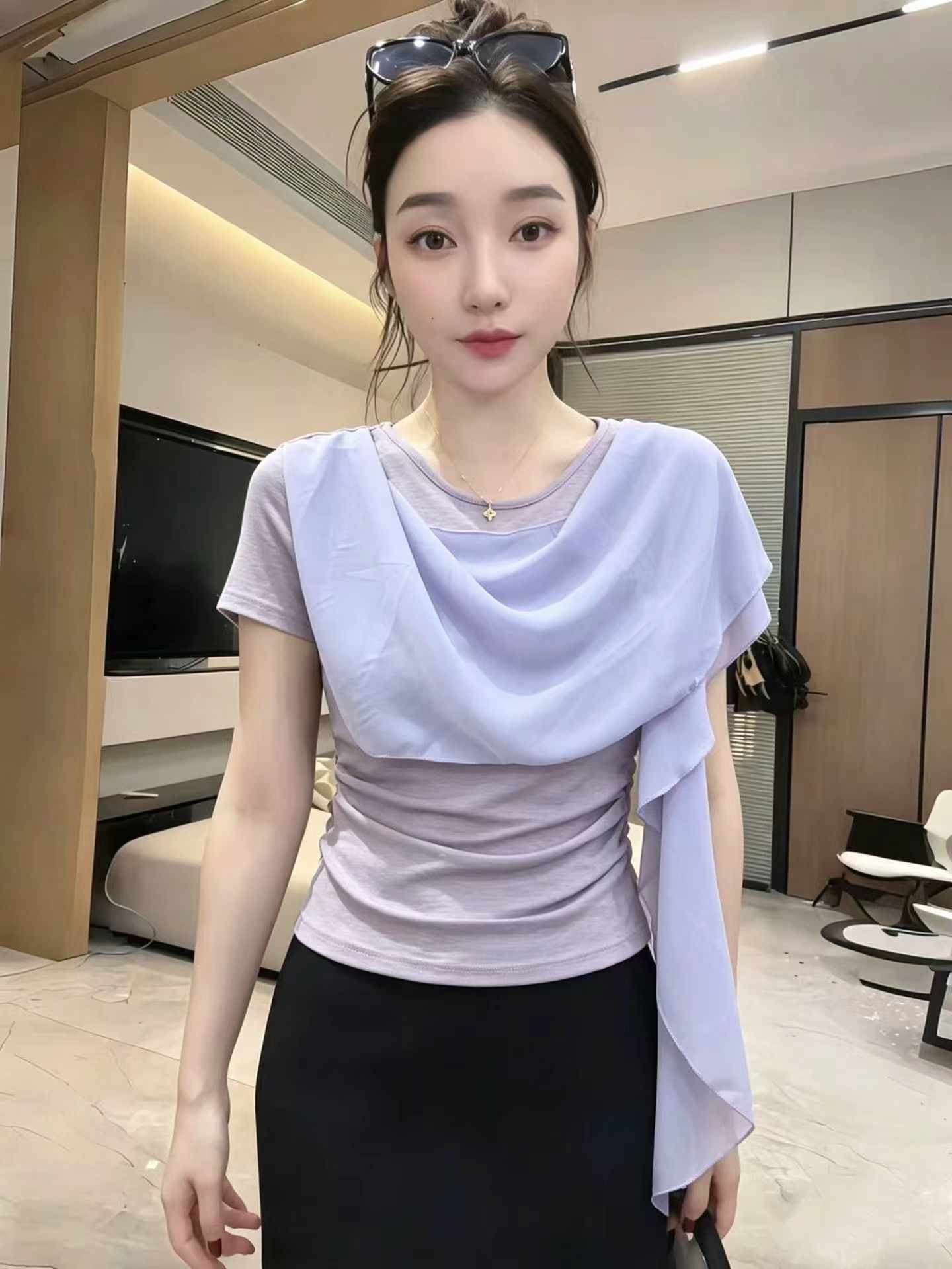 봄 가을 여름 새로운 흔들다 칼라 패션 미니멀리즘 외국 가스 반팔 티셔츠 여성 의류 허리 수축 스트랩 디자인 캐주얼 맨위 상세 이미지 5