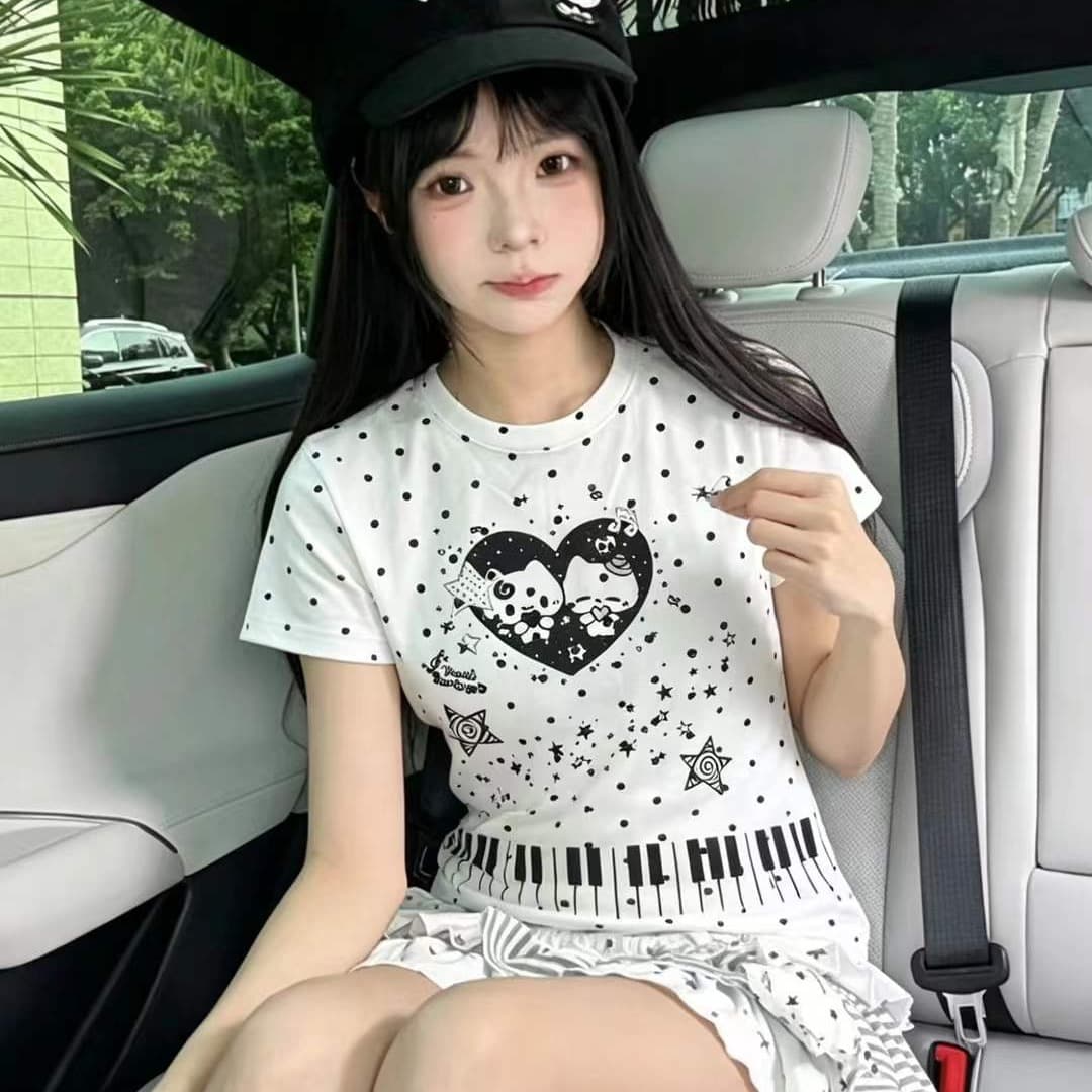 일본식 귀여운 보조 요소 도트 무늬 고양이 반팔 티셔츠 여성 여름 2026 슈퍼 화재 연령 감소 질감 긍정적 인 어깨 의류 이미지 5