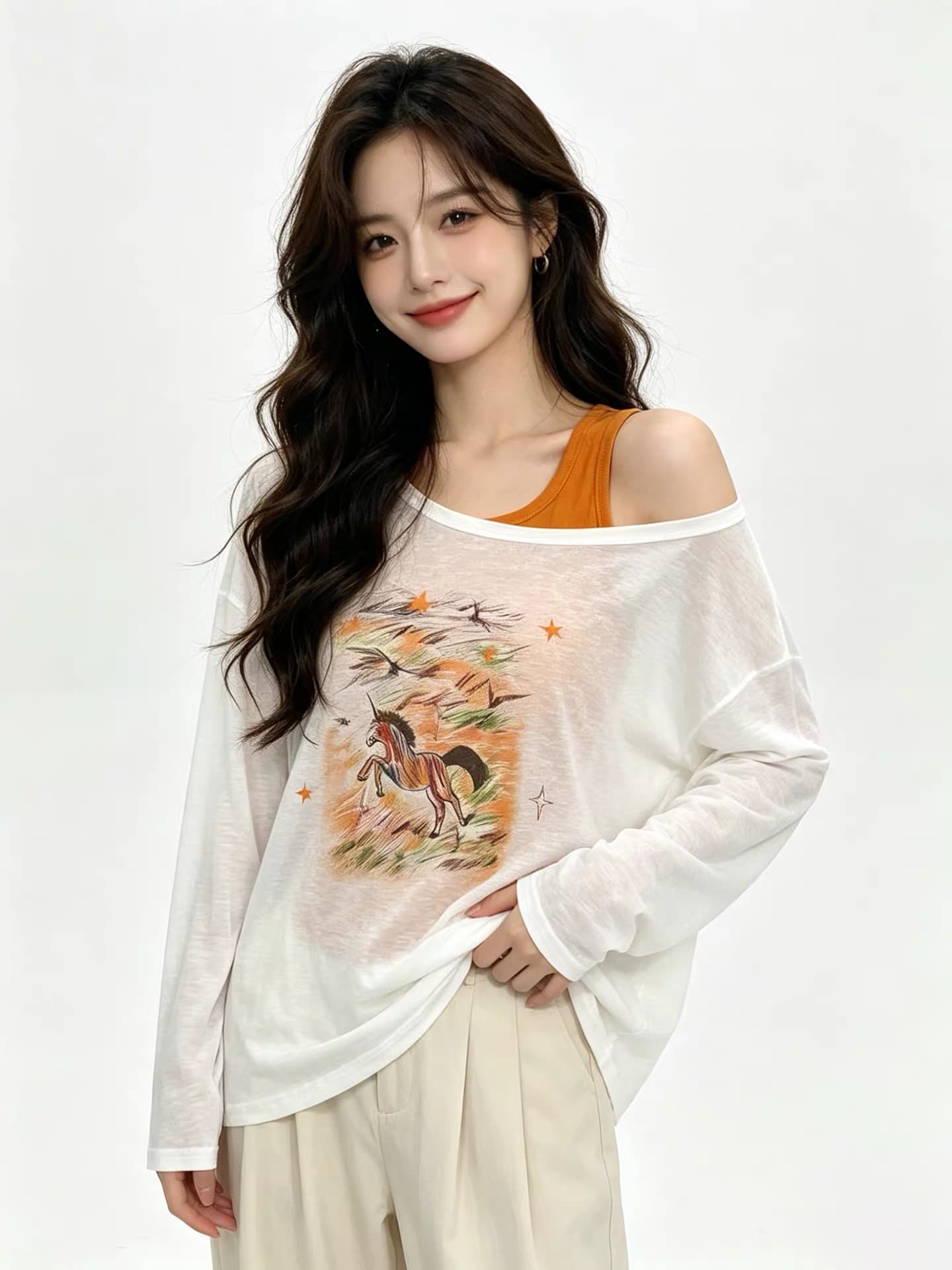 페이크 레이어드 오프숄더 프린트 가면 티셔츠 여성 유럽 역 2026 여름 새로운 유럽 상품 여성 의류 ins 자외선 차단 의류 트렌디 상세 이미지 1