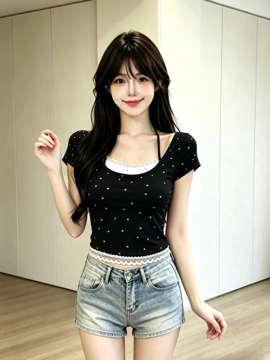 달콤한 차가운 핫걸 페이크 레이어드 나비 매듭 슬립 반팔 티셔츠 여성 여름 몸매 가꾸기 슬림해 보이는 레이스 레이스 쇼트 스타일 맨위 이미지 2