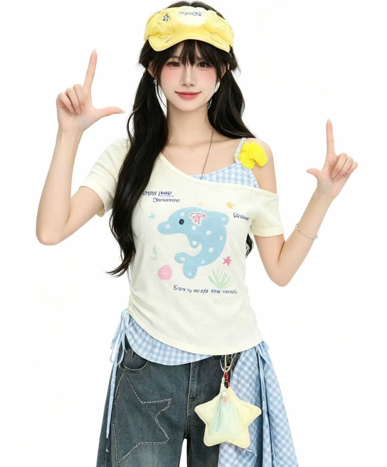 다용도 돌고래 프린트 페이크 레이어드 비스듬한 어깨 반팔 티셔츠 여성 여름 몸매 가꾸기 슬림해 보이는 쇼트 스타일 맨위 이미지 2