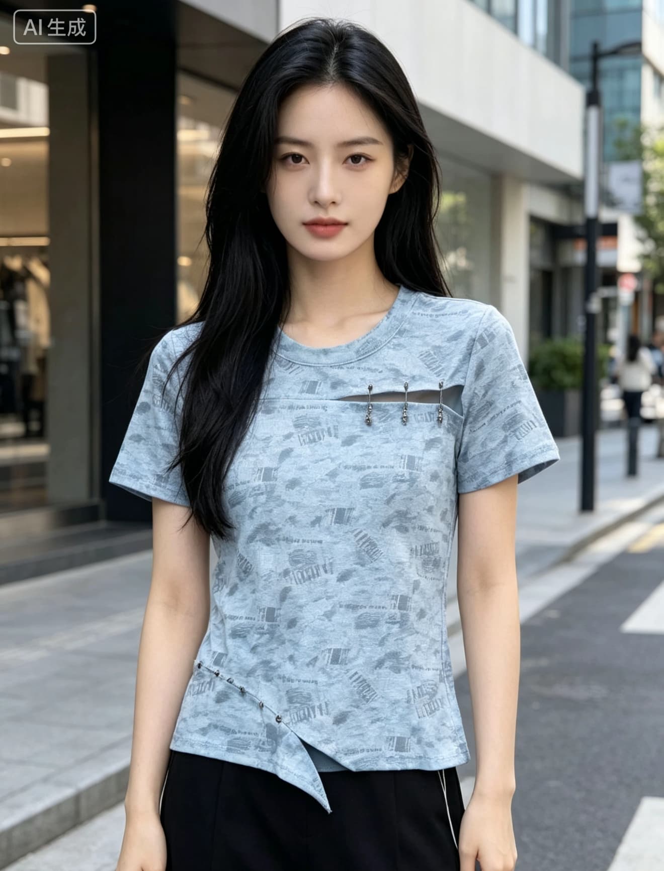 여름 라운드 넥 홀치기 염색 패치워크 긍정적 인 어깨 반팔 티셔츠 여성 2026 새로운 레트로 찢어진 부분 몸매 가꾸기 징 맨위 이미지 4