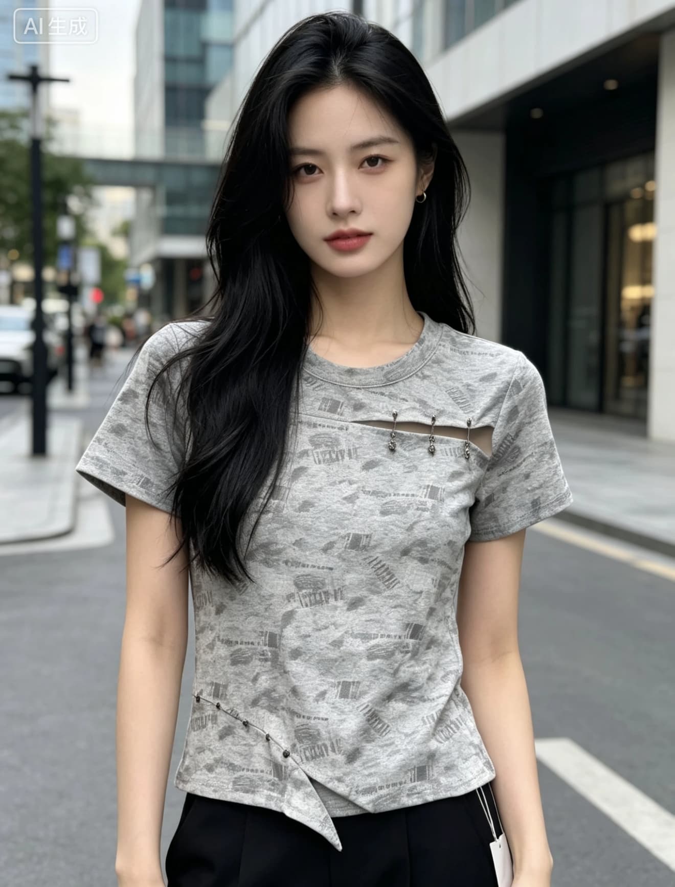 여름 라운드 넥 홀치기 염색 패치워크 긍정적 인 어깨 반팔 티셔츠 여성 2026 새로운 레트로 찢어진 부분 몸매 가꾸기 징 맨위 상세 이미지 4