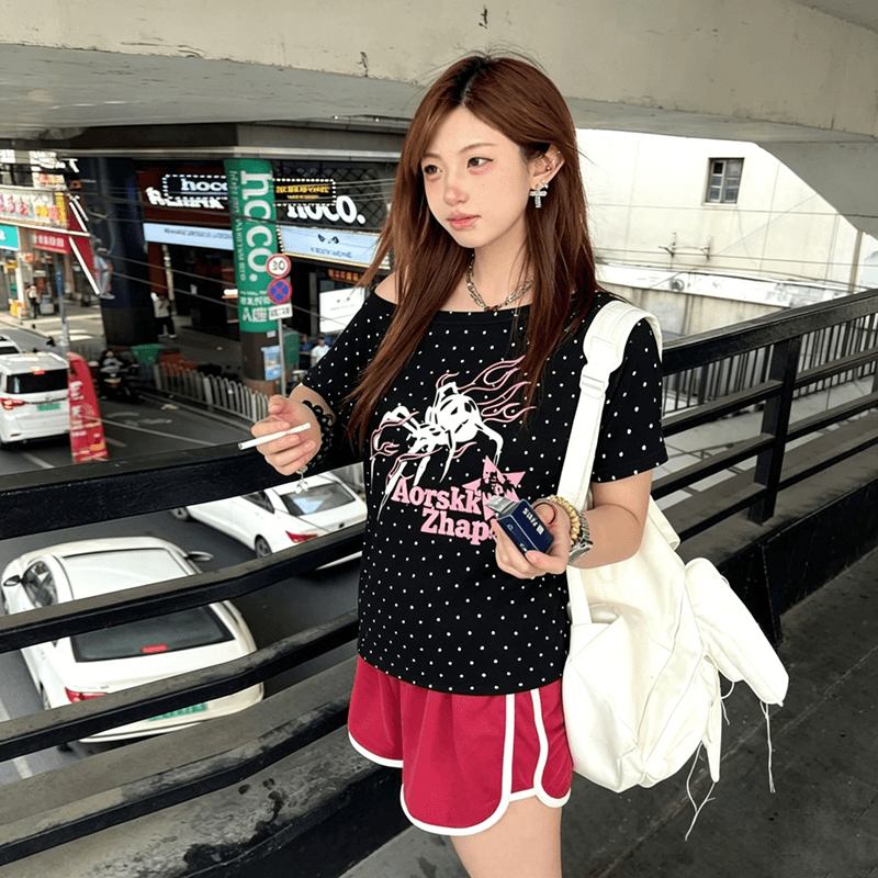 순면 핫걸 도트 무늬 알파벳 프린트 비스듬한 어깨 반팔 티셔츠 여성 봄 여름 다용도 한 부서 chic 맨위 상세 이미지 2