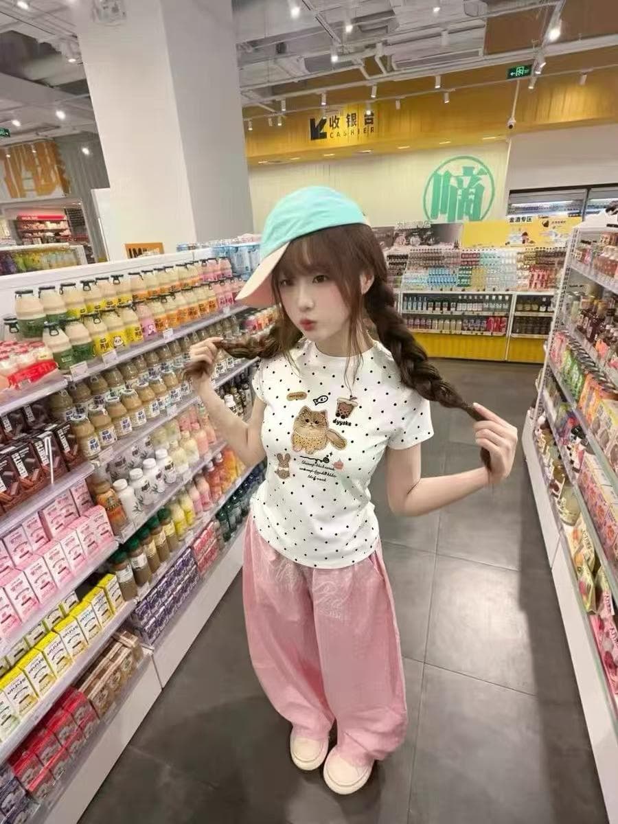 아메리칸 레트로 배색 도트 무늬 고양이 몸매 가꾸기 반팔 티셔츠 여성 여름 작은 키 디자인 센스 쇼트 스타일 맨위 ins 이미지 4
