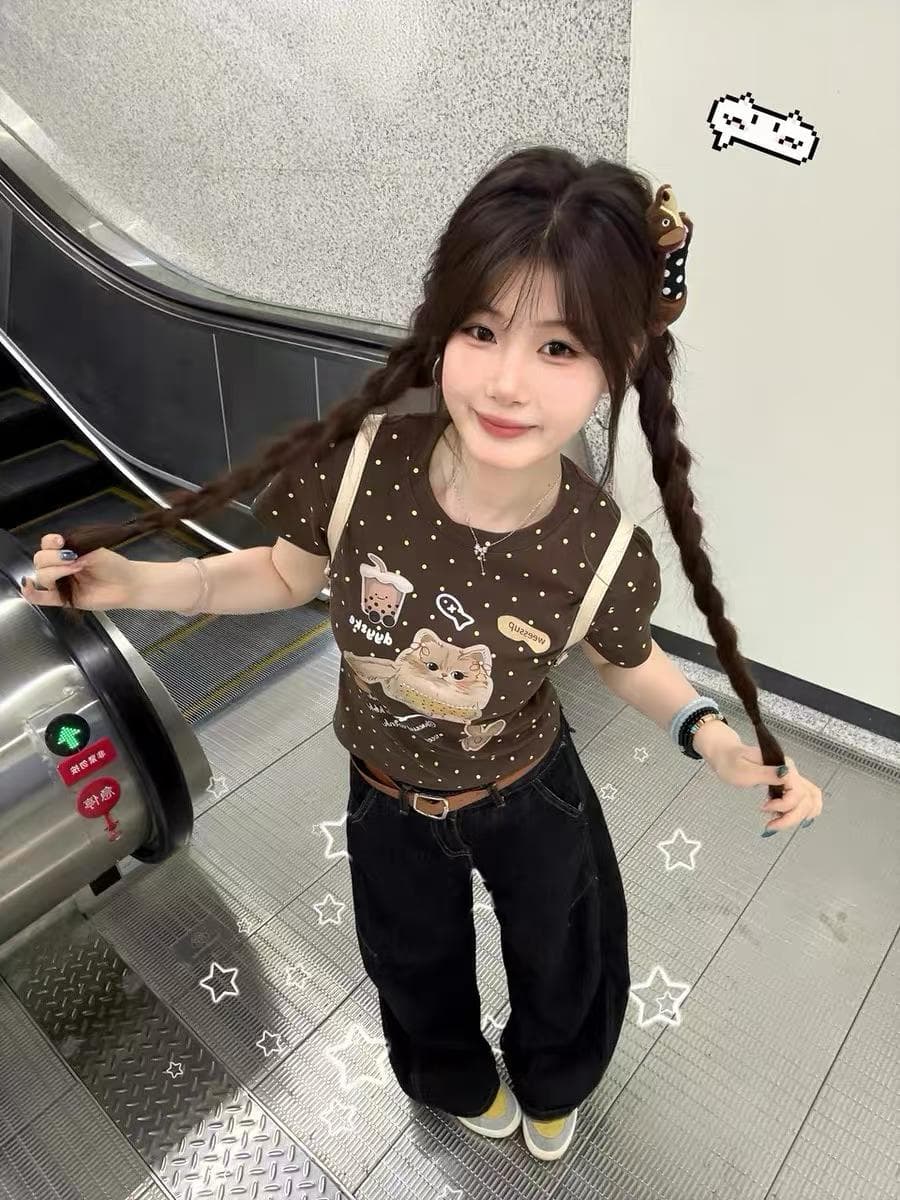 아메리칸 레트로 배색 도트 무늬 고양이 몸매 가꾸기 반팔 티셔츠 여성 여름 작은 키 디자인 센스 쇼트 스타일 맨위 ins 이미지 2