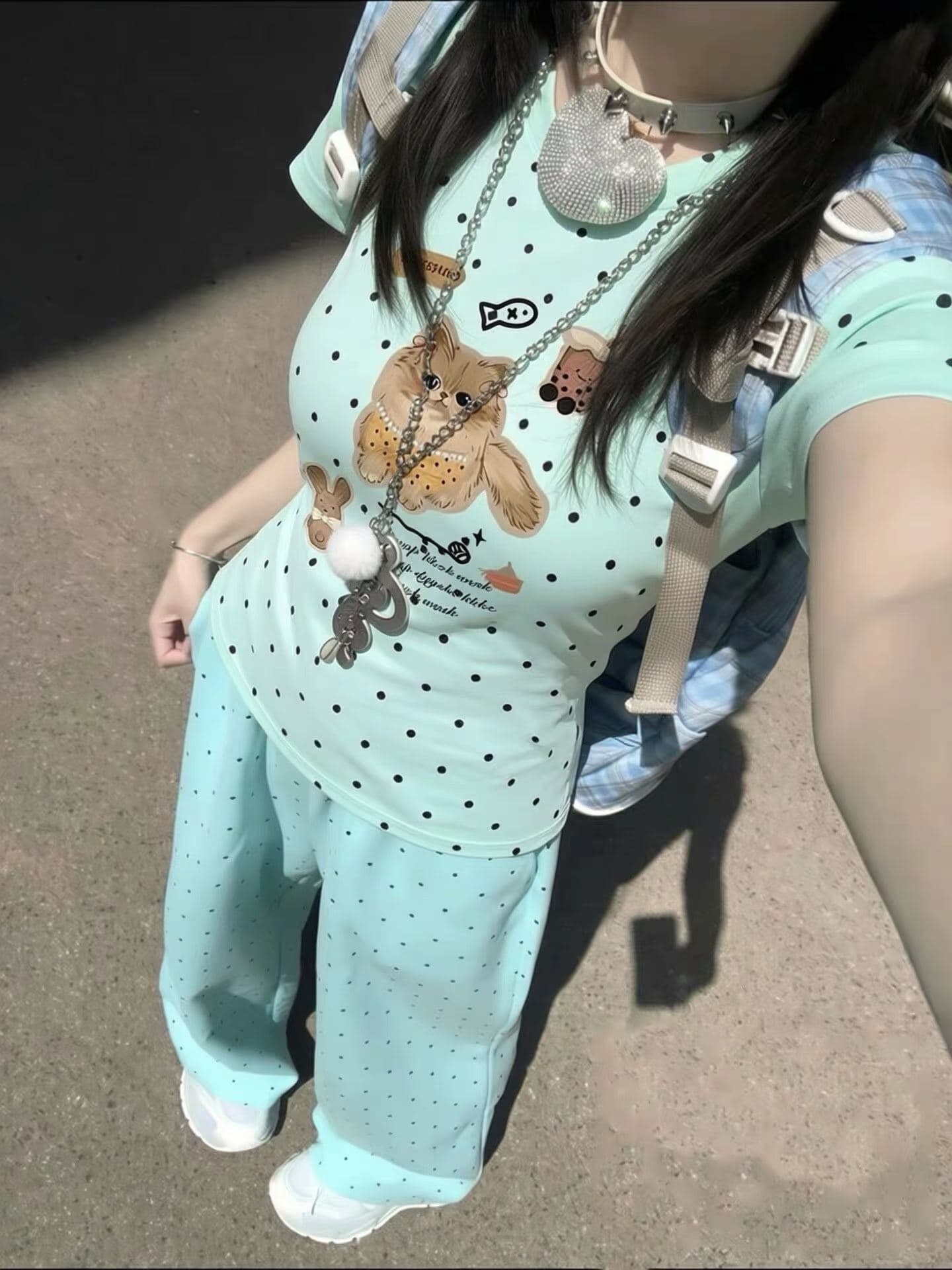 아메리칸 레트로 배색 도트 무늬 고양이 몸매 가꾸기 반팔 티셔츠 여성 여름 작은 키 디자인 센스 쇼트 스타일 맨위 ins 상세 이미지 1