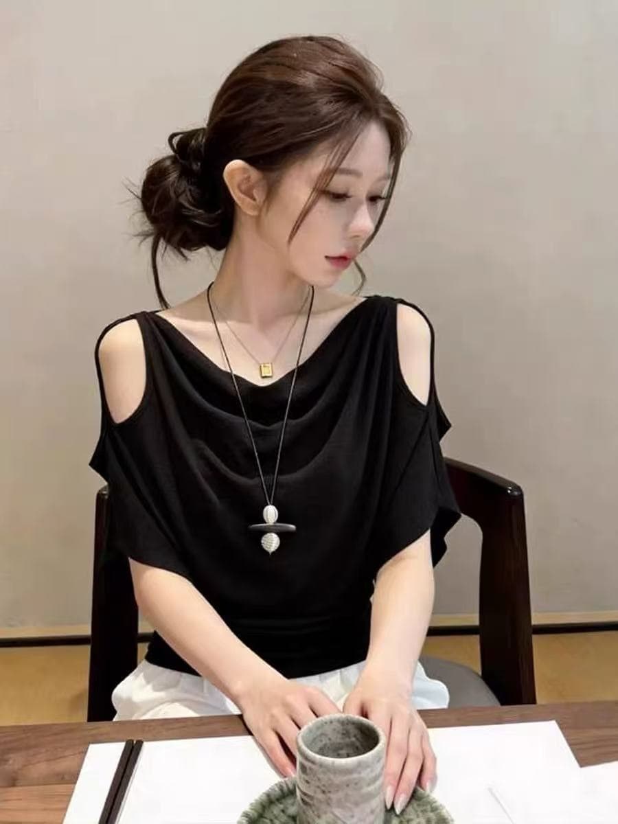 한 부서 디자인 센스 회색 오프숄더 흔들다 칼라 반팔 티셔츠 여성 여름 루즈핏 슬림해 보이는 홀로우 아웃 동정 핫걸 맨위 이미지 2