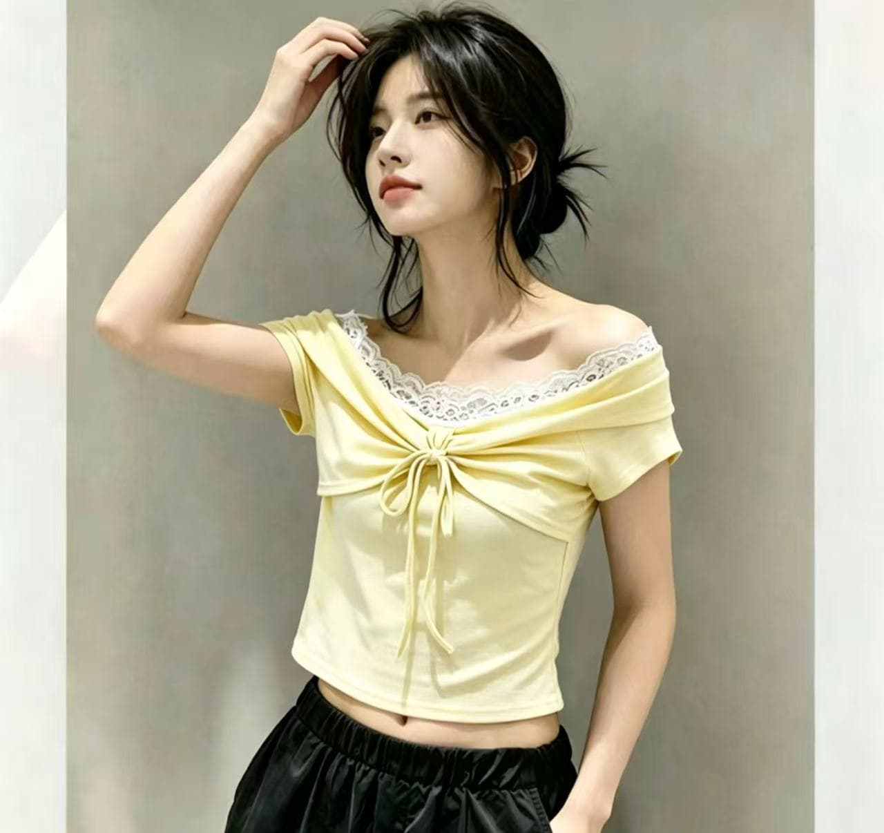 순수한 욕망 섹시함 핫걸 레이스 측면 한 단어 오프숄더 반팔 티셔츠 여성 여름 고유 한 아름다운 몸매 가꾸기 슬림해 보이는 맨위 이미지 3