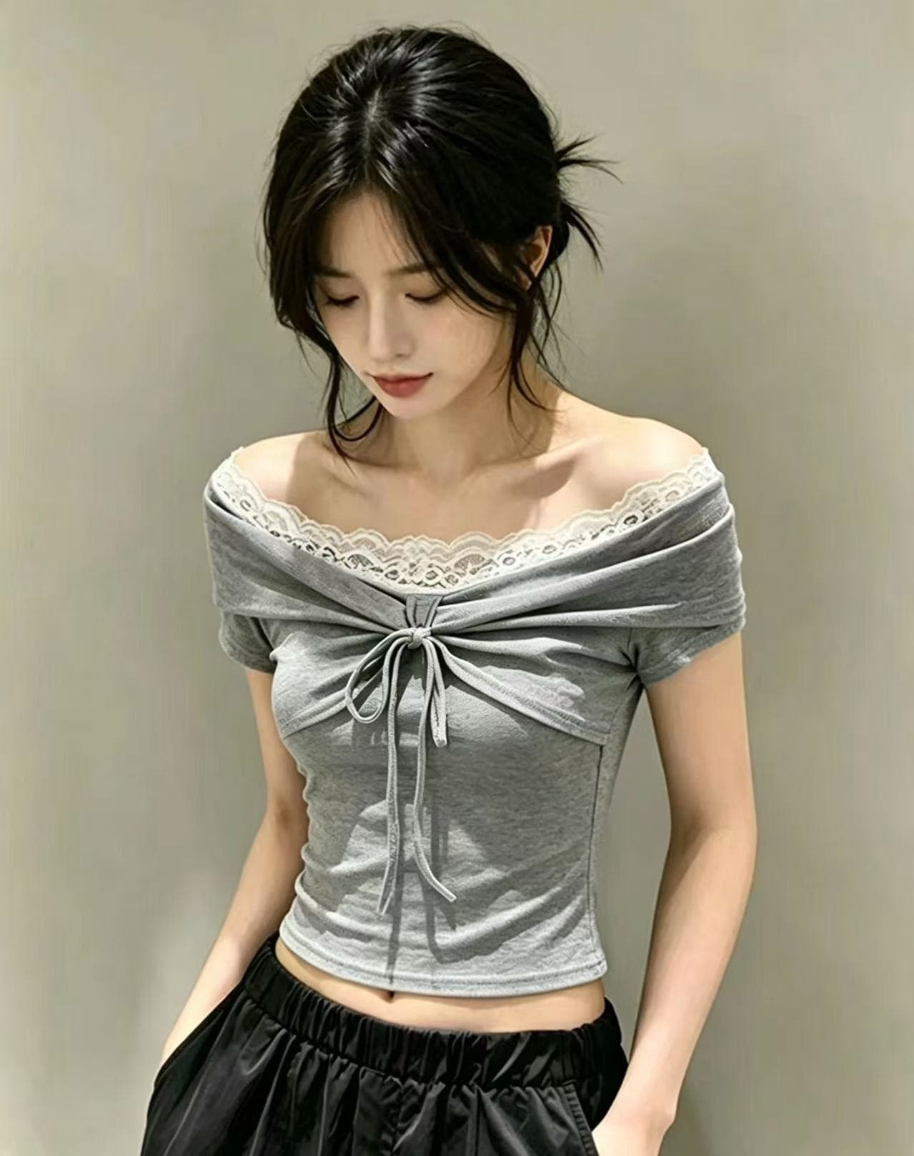순수한 욕망 섹시함 핫걸 레이스 측면 한 단어 오프숄더 반팔 티셔츠 여성 여름 고유 한 아름다운 몸매 가꾸기 슬림해 보이는 맨위 상세 이미지 1