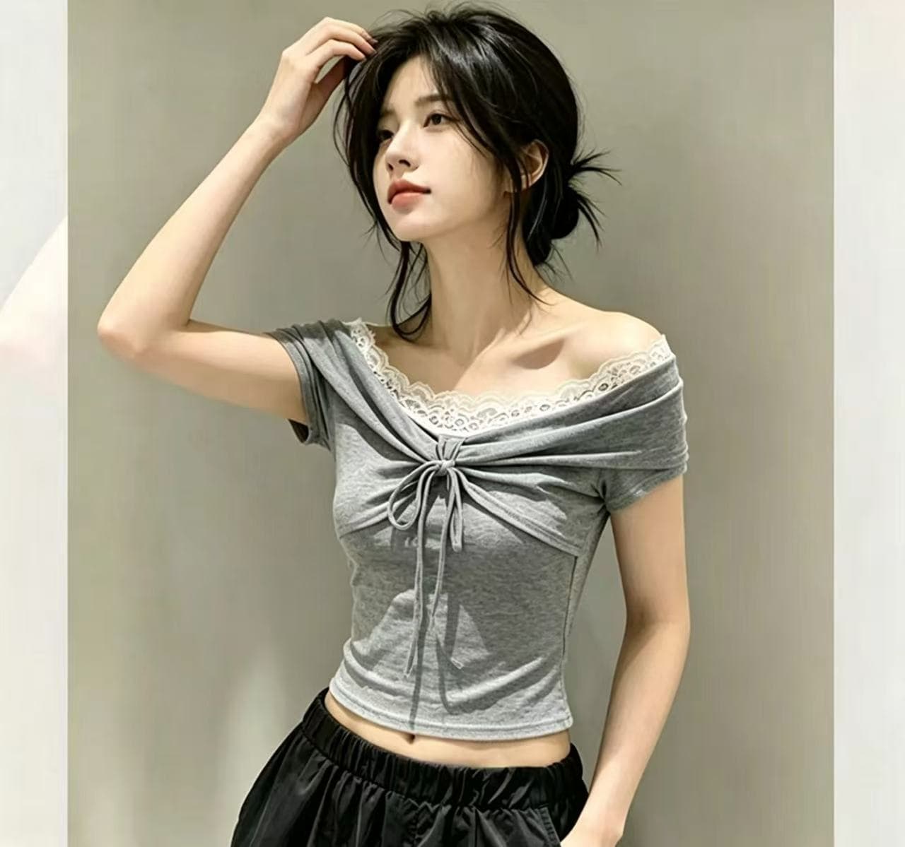 순수한 욕망 섹시함 핫걸 레이스 측면 한 단어 오프숄더 반팔 티셔츠 여성 여름 고유 한 아름다운 몸매 가꾸기 슬림해 보이는 맨위 상세 이미지 2