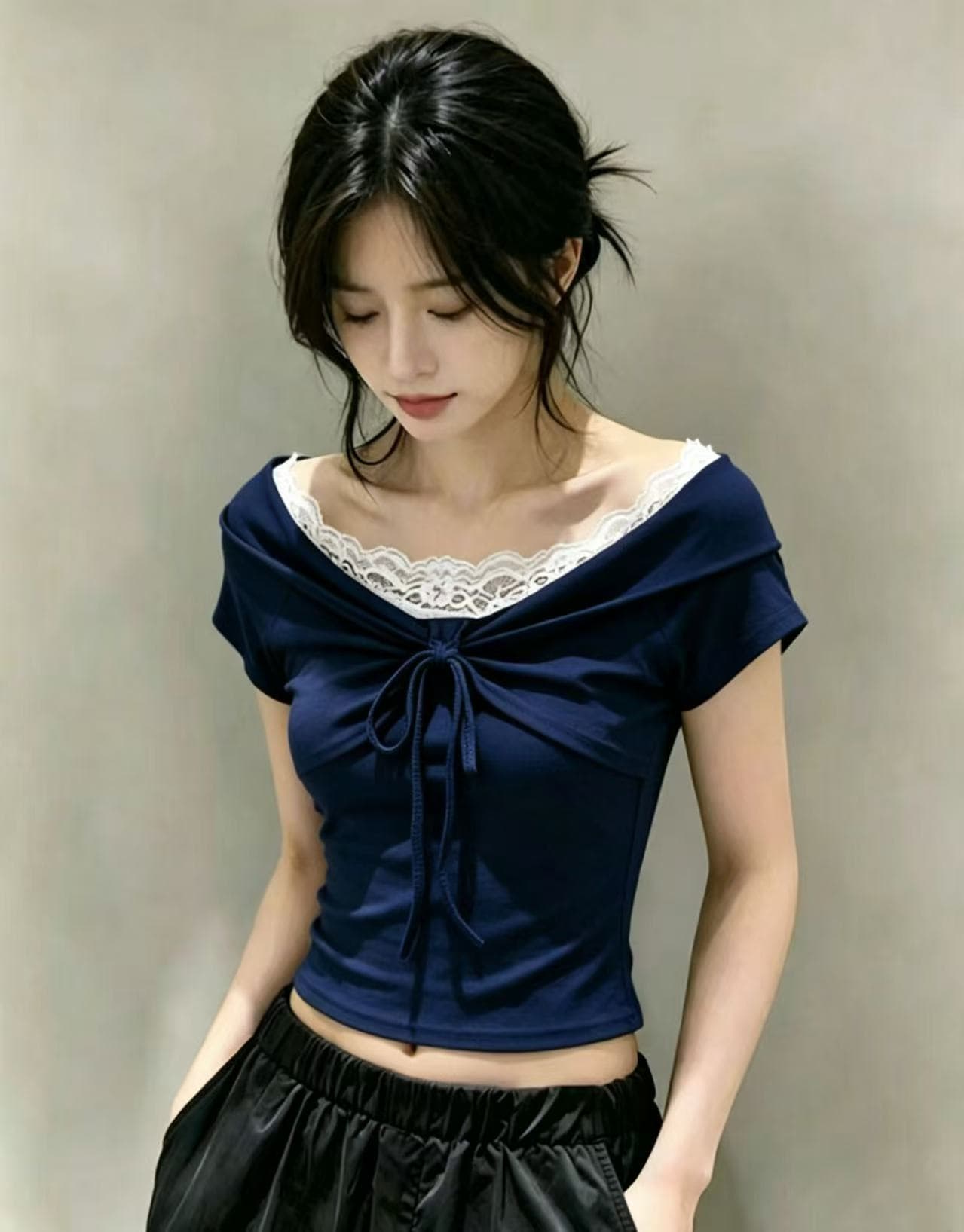 순수한 욕망 섹시함 핫걸 레이스 측면 한 단어 오프숄더 반팔 티셔츠 여성 여름 고유 한 아름다운 몸매 가꾸기 슬림해 보이는 맨위 상세 이미지 3