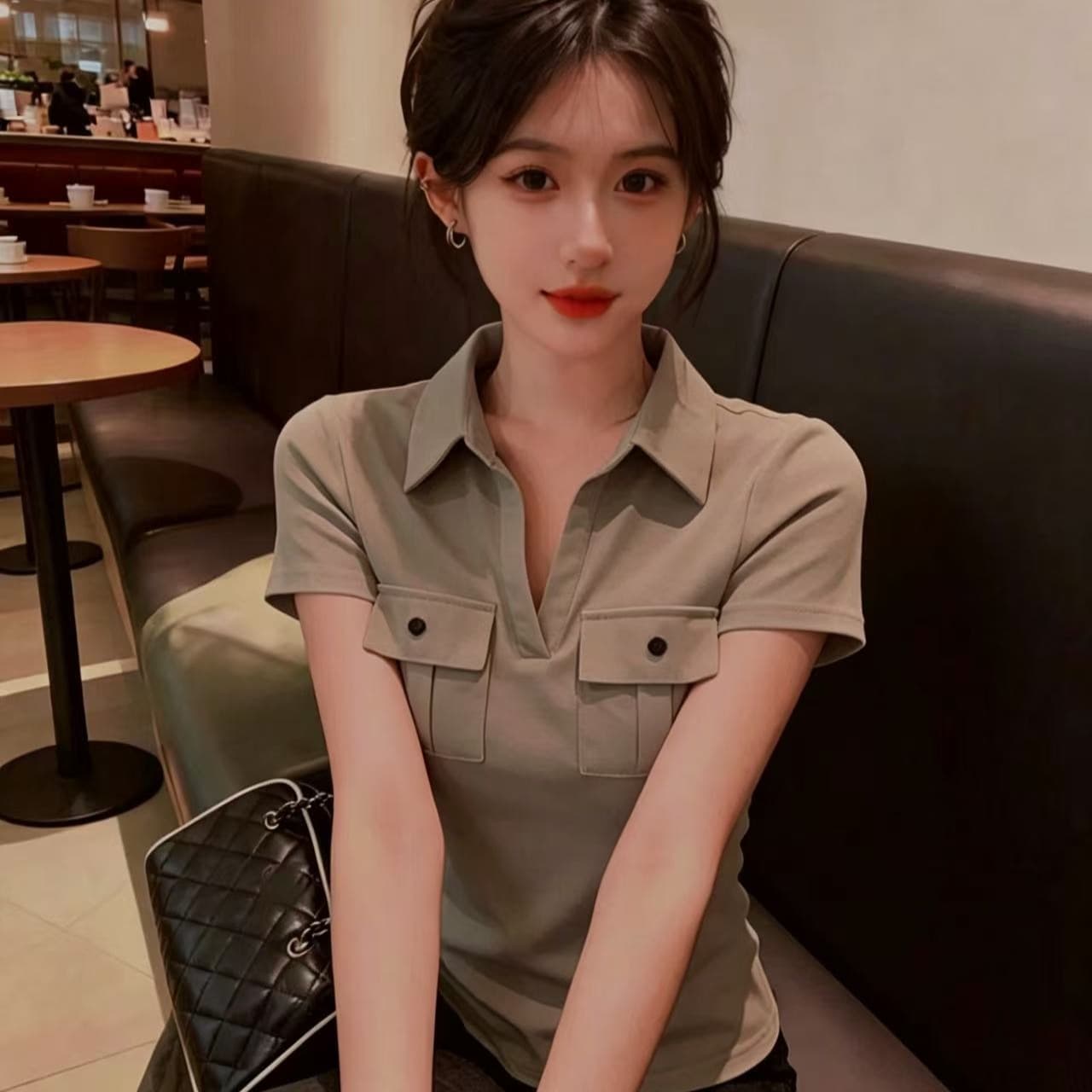 로얄 자매 품격 오래된 돈 바람 반 개방 폴로 칼라 칼라 반팔 티셔츠 여성 여름 몸매 가꾸기 슬림해 보이는 자이언트 잘 생긴 쇼트 스타일 맨위 이미지 5
