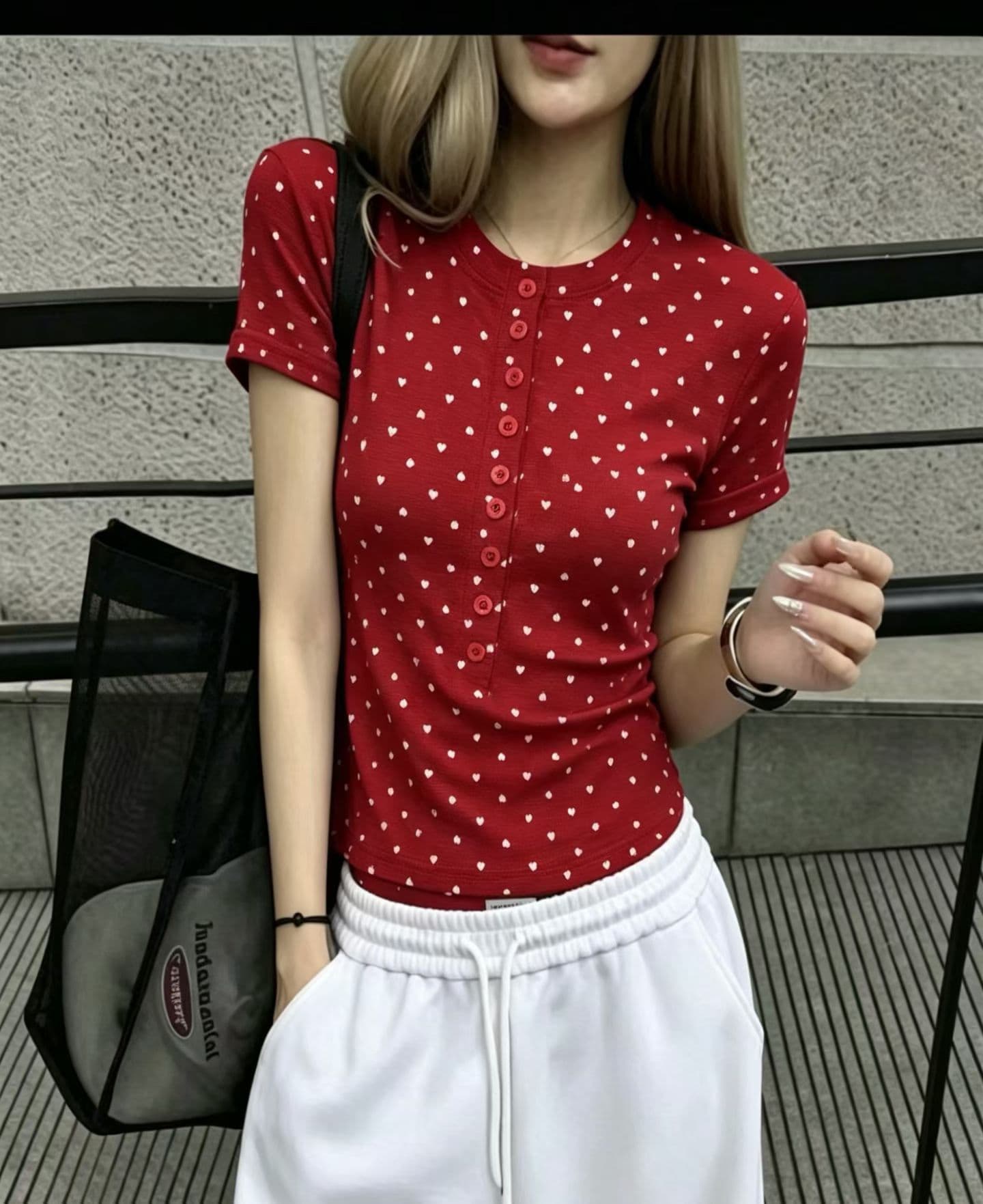 2026 여름 새로운 한국 스타일 스탠드 칼라 버튼 하트 스탠드 칼라 프린트 반팔 티셔츠 여성 몸매 가꾸기 슬림해 보이는 맨위 트렌디 상세 이미지 1