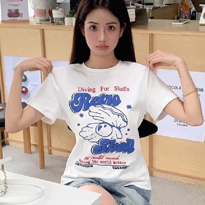 조개 알파벳 프린트 긍정적 인 어깨 반팔 티셔츠 여성 여름 루즈핏 캐주얼 다용도 디스플레이 얇고 작은 맨위 상세 이미지 4