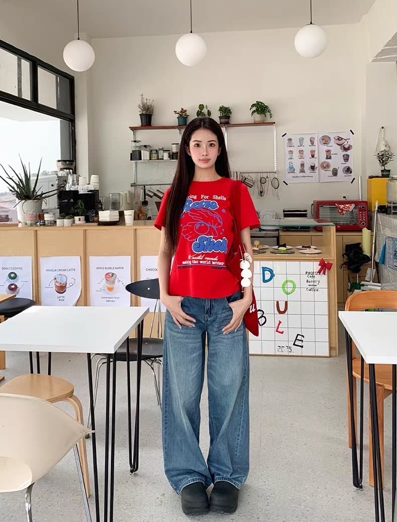 조개 알파벳 프린트 긍정적 인 어깨 반팔 티셔츠 여성 여름 루즈핏 캐주얼 다용도 디스플레이 얇고 작은 맨위 상세 이미지 5