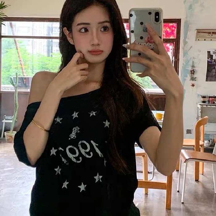 양성 및 음성 양면 착용 십자가 비스듬한 어깨 의류 아메리칸 레트로 핫걸 오프숄더 반팔 티셔츠 여름 상세 이미지 2