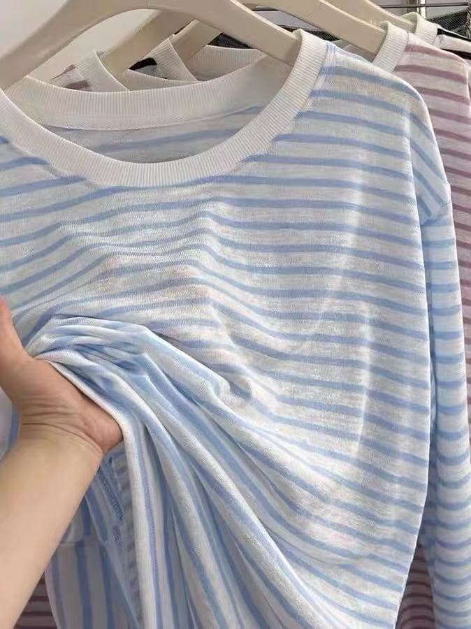 스트라이프 자외선 차단 티셔츠 여성 봄 여름 루즈핏 느긋한 바람 캐주얼 다용도 동정 블라우스 봄 가을 얇은 스타일 긴팔 맨위 상세 이미지 5