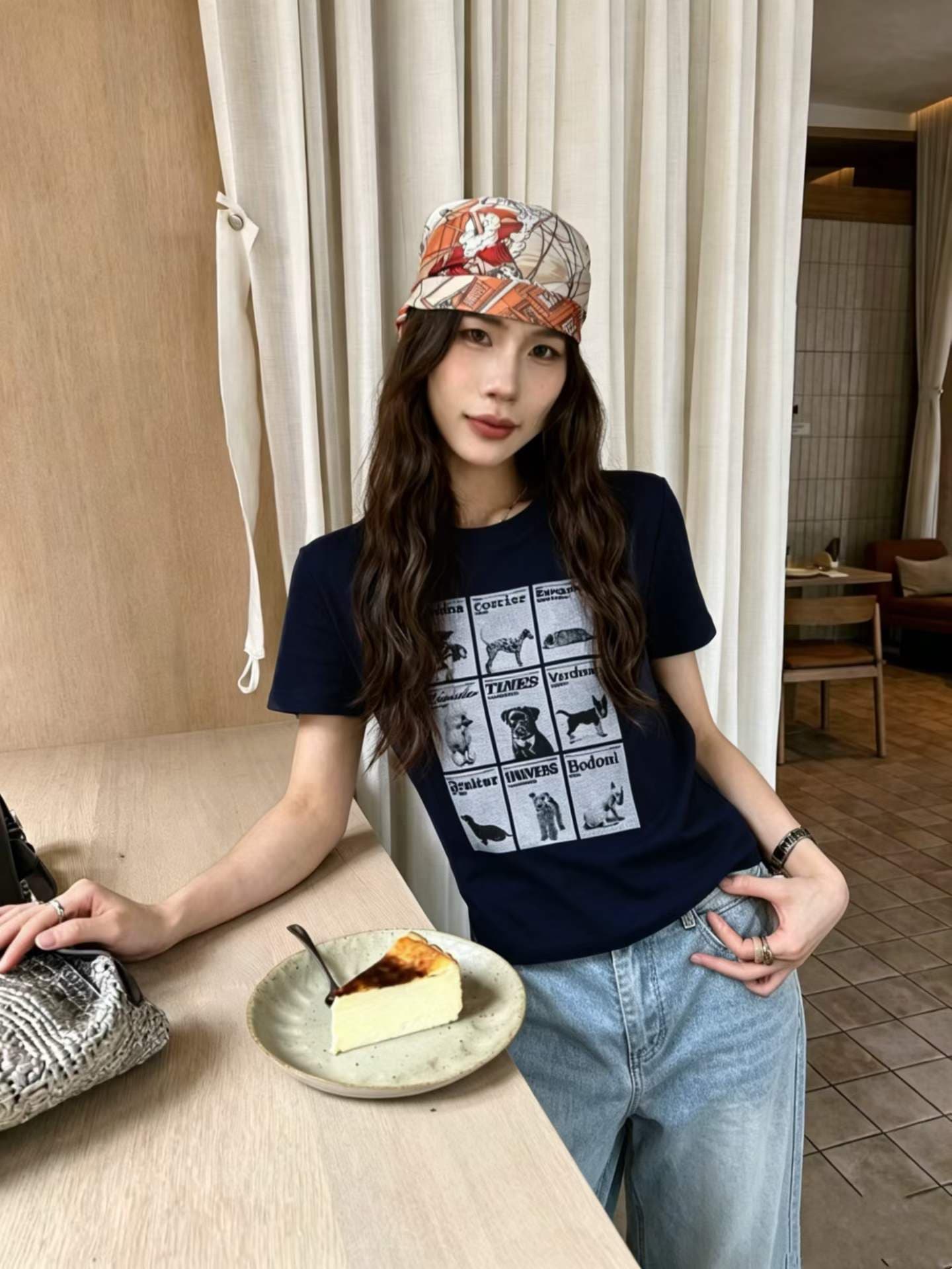 2026 여름 아메리칸 레트로 핫걸 지 공지 강아지 프린트 반팔 티셔츠 여성 라운드 넥 몸매 가꾸기 쇼트 스타일 맨위