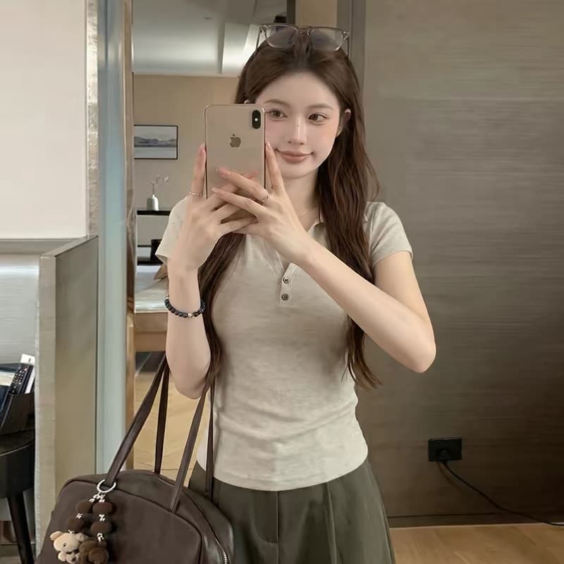 한 부서 품격 POLO 칼라 긍정적 인 어깨 반팔 티셔츠 여성 여름 몸매 가꾸기 슬림해 보이는 다용도 작은 대중 맨위 상세 이미지 2