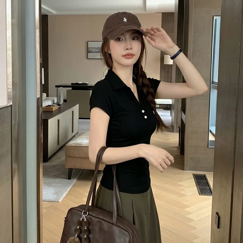한 부서 품격 POLO 칼라 긍정적 인 어깨 반팔 티셔츠 여성 여름 몸매 가꾸기 슬림해 보이는 다용도 작은 대중 맨위 상세 이미지 3