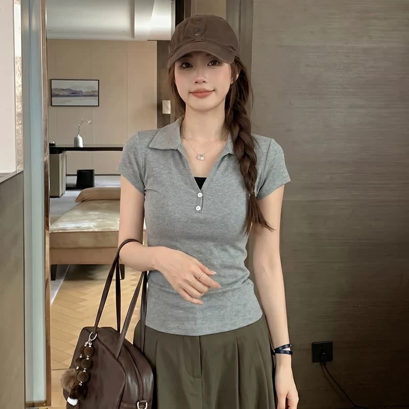 한 부서 품격 POLO 칼라 긍정적 인 어깨 반팔 티셔츠 여성 여름 몸매 가꾸기 슬림해 보이는 다용도 작은 대중 맨위 상세 이미지 4