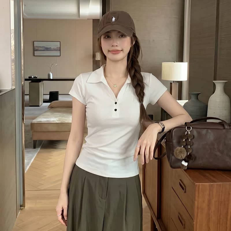 한 부서 품격 POLO 칼라 긍정적 인 어깨 반팔 티셔츠 여성 여름 몸매 가꾸기 슬림해 보이는 다용도 작은 대중 맨위 상세 이미지 5