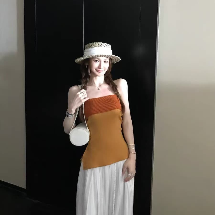몸매 가꾸기 슬림해 보이는 패치워크 배색 행침 목 슬립 여성 봄 여름 한 부서 순수한 욕망 핫걸 바람 니트 민소매 조끼 맨위