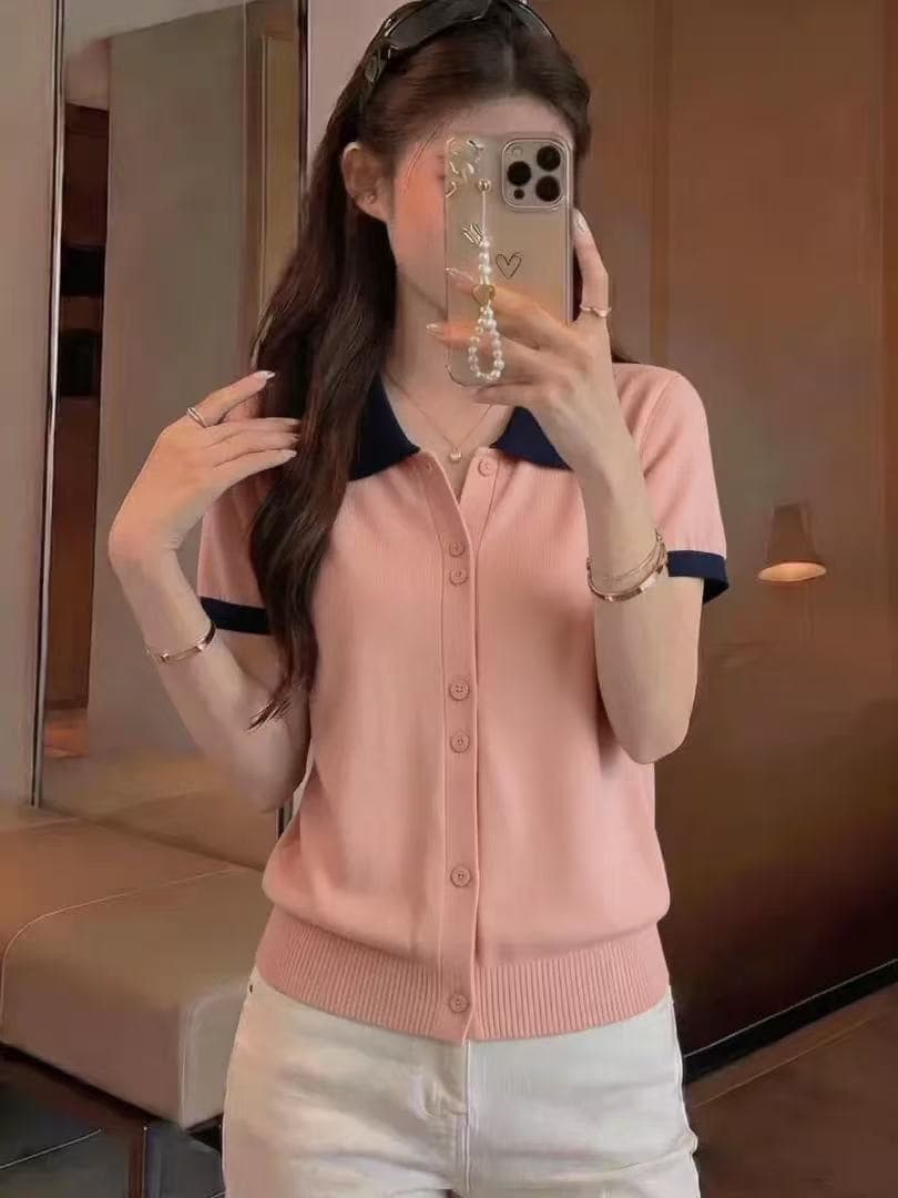 한 부서 착용 가져 가라. POLO 칼라 얼음 실크 니트 반팔 티셔츠 여성 여름 유럽 역 오픈 가디건 외국 가스 연령 감소 작은 셔츠 상세 이미지 4